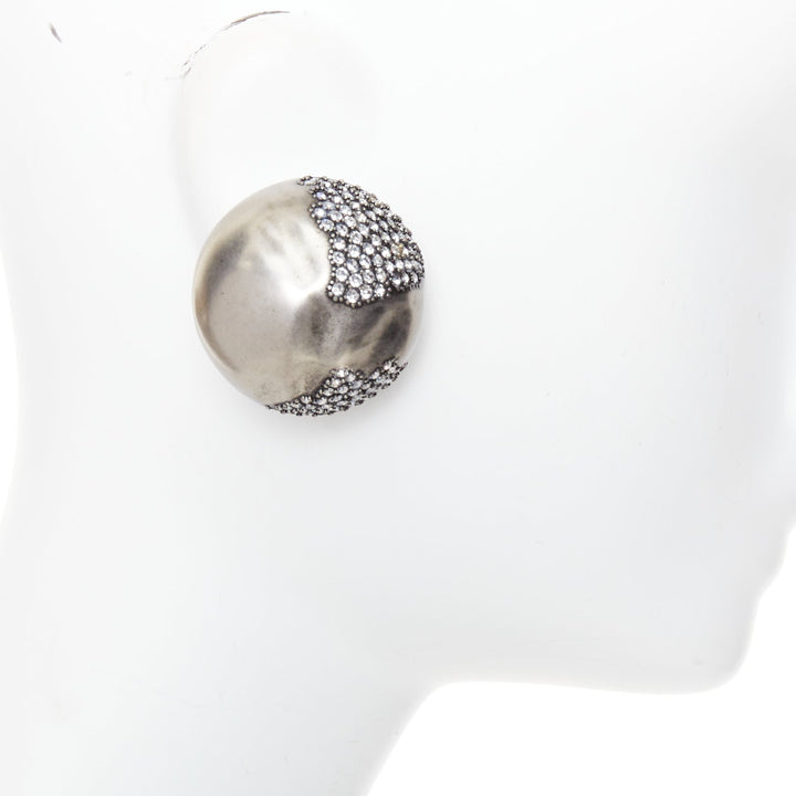 SAINT LAURENT crystal embellished aged silver metal dome clip on earrings Pair