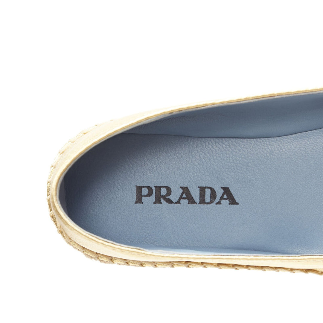 PRADA metallic gold leather logo peep toe jute platform espadrille shoe EU38