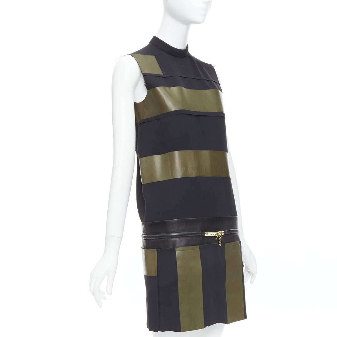 OLD CELINE Phoebe Philo khaki black leather silk stripe dress FR36 S