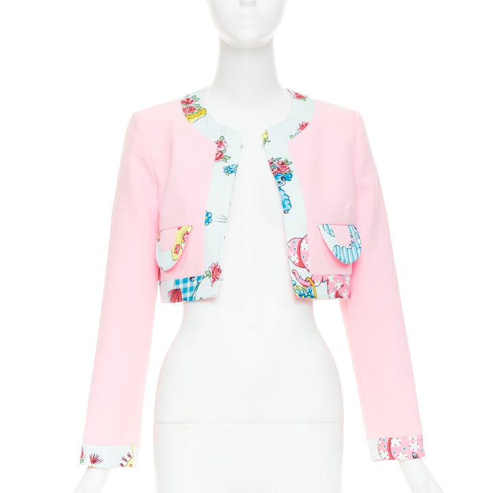 MOSCHINO COUTURE! 2022 Runway Calico Animals pink blue bolero jacket IT38 XS