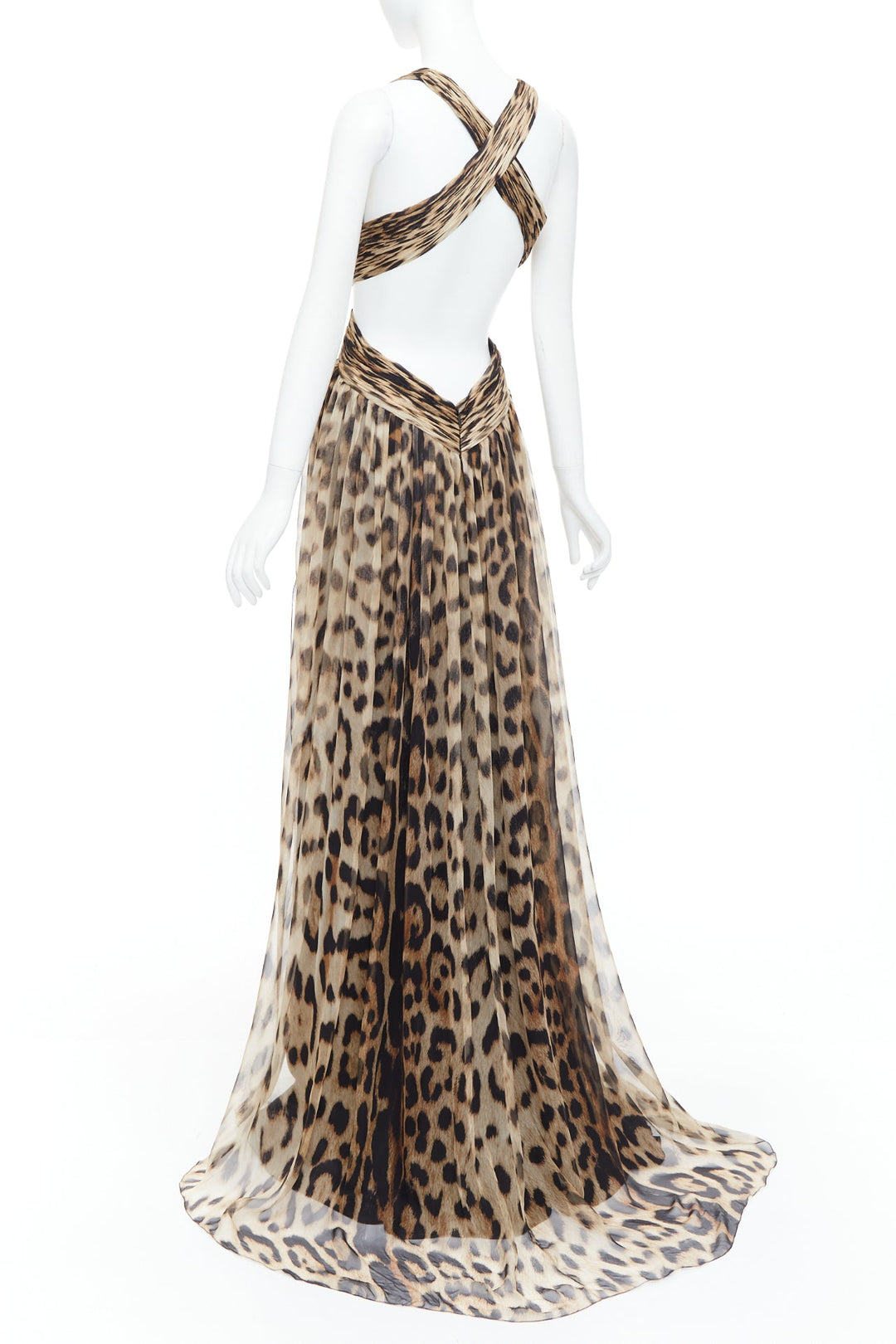 ROBERTO CAVALLI 2014 Runway brown leopard 100% silk cut out gown IT40 S