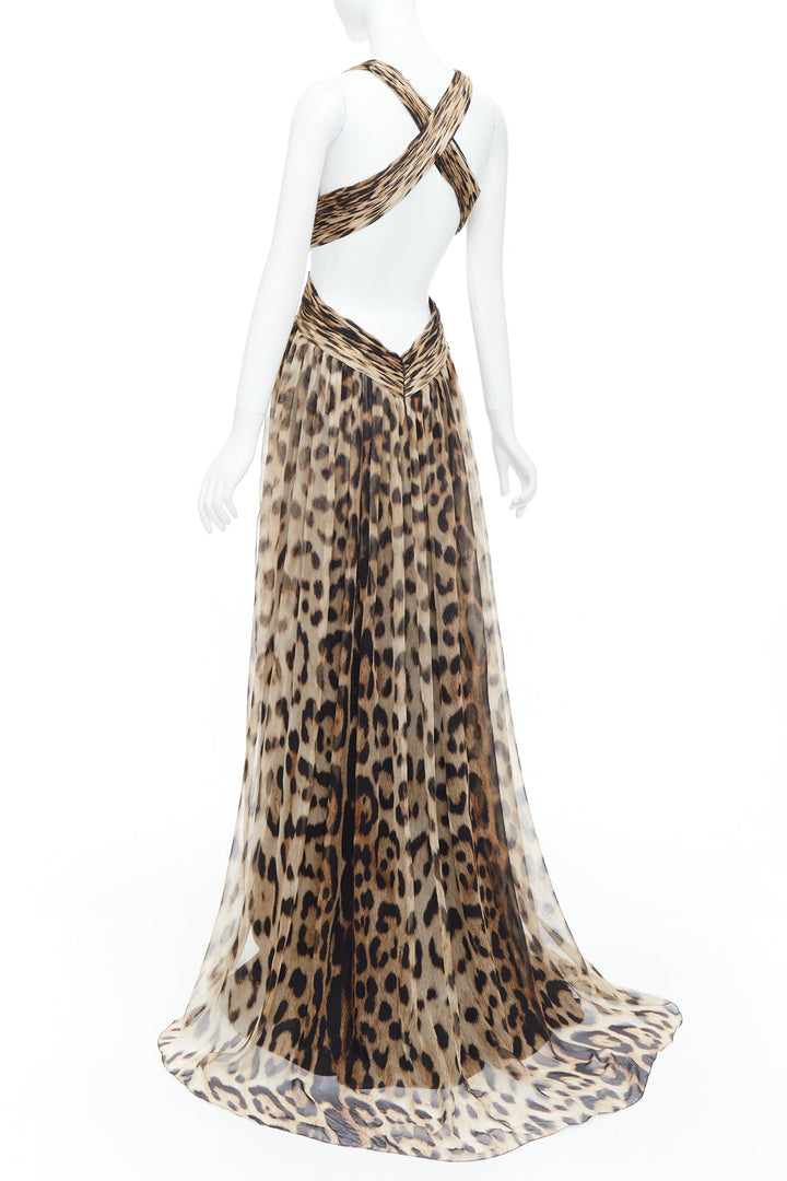 ROBERTO CAVALLI 2014 Runway brown leopard 100% silk cut out gown IT40 S