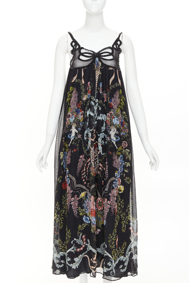 rare FENDI 2017 Riwau Blazon Cherub Gauze black silk empire gown dress FR38 M