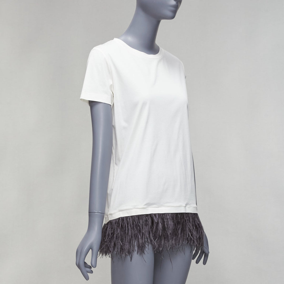 JIL SANDER white cotton black ostrich feather trim crew neck tshirt S