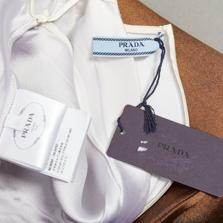 PRADA 2022 Runway brown cream silk blend tie dye trompe loeil slit dress IT38 XS