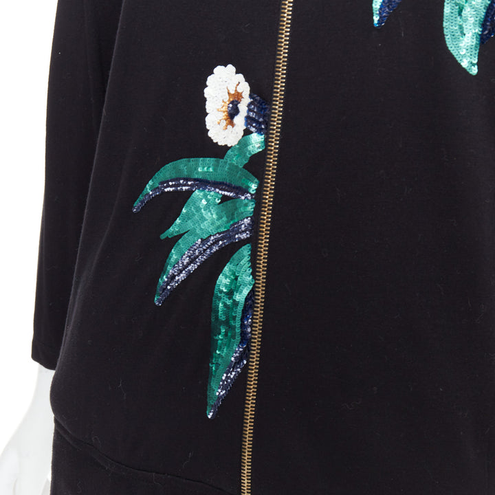 MARNI black white green sequins flower leather zip jersey jacket IT42 M