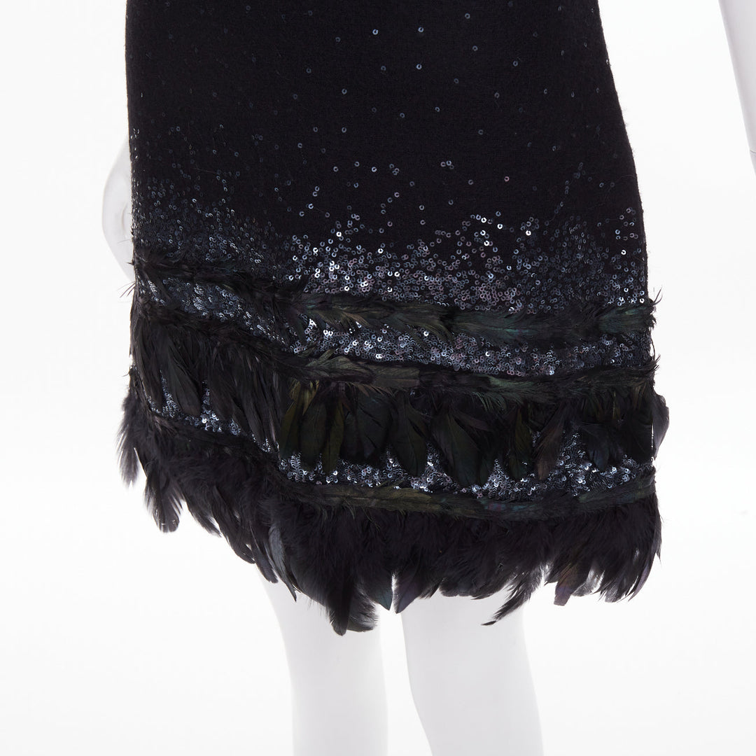 DIANE VON FURSTENBERG black wool iridescent sequin feather hem mini dress S
