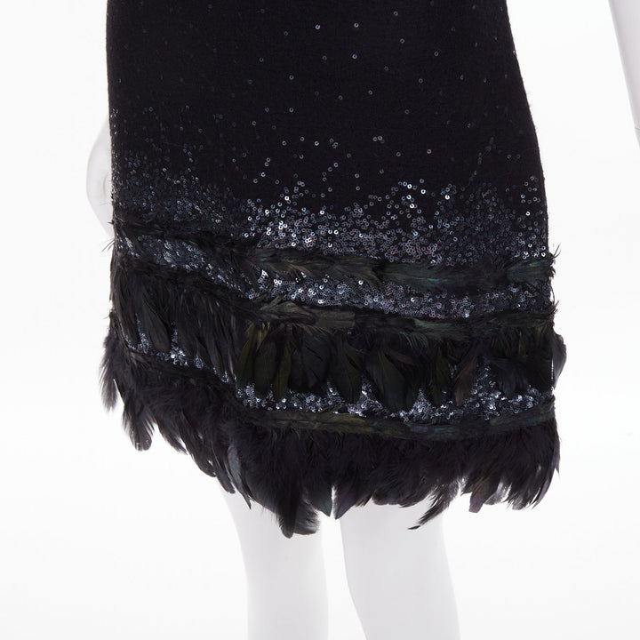 DIANE VON FURSTENBERG black wool iridescent sequin feather hem mini dress S