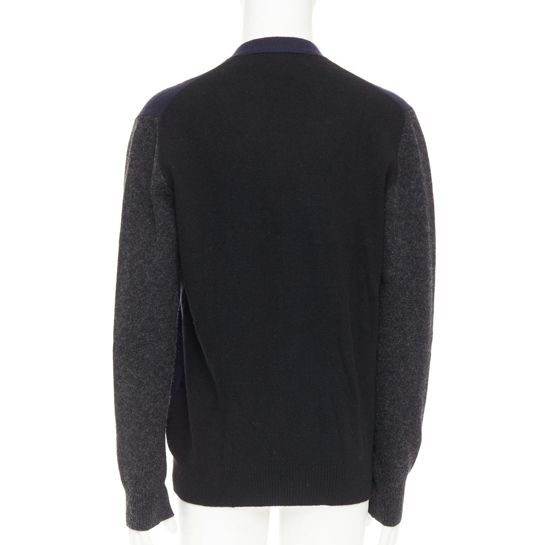 COMME DES GARCONS HOMME 2009 navy grey wool blend 2-tone cardigan sweater L
