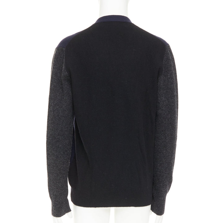 COMME DES GARCONS HOMME 2009 navy grey wool blend 2-tone cardigan sweater L