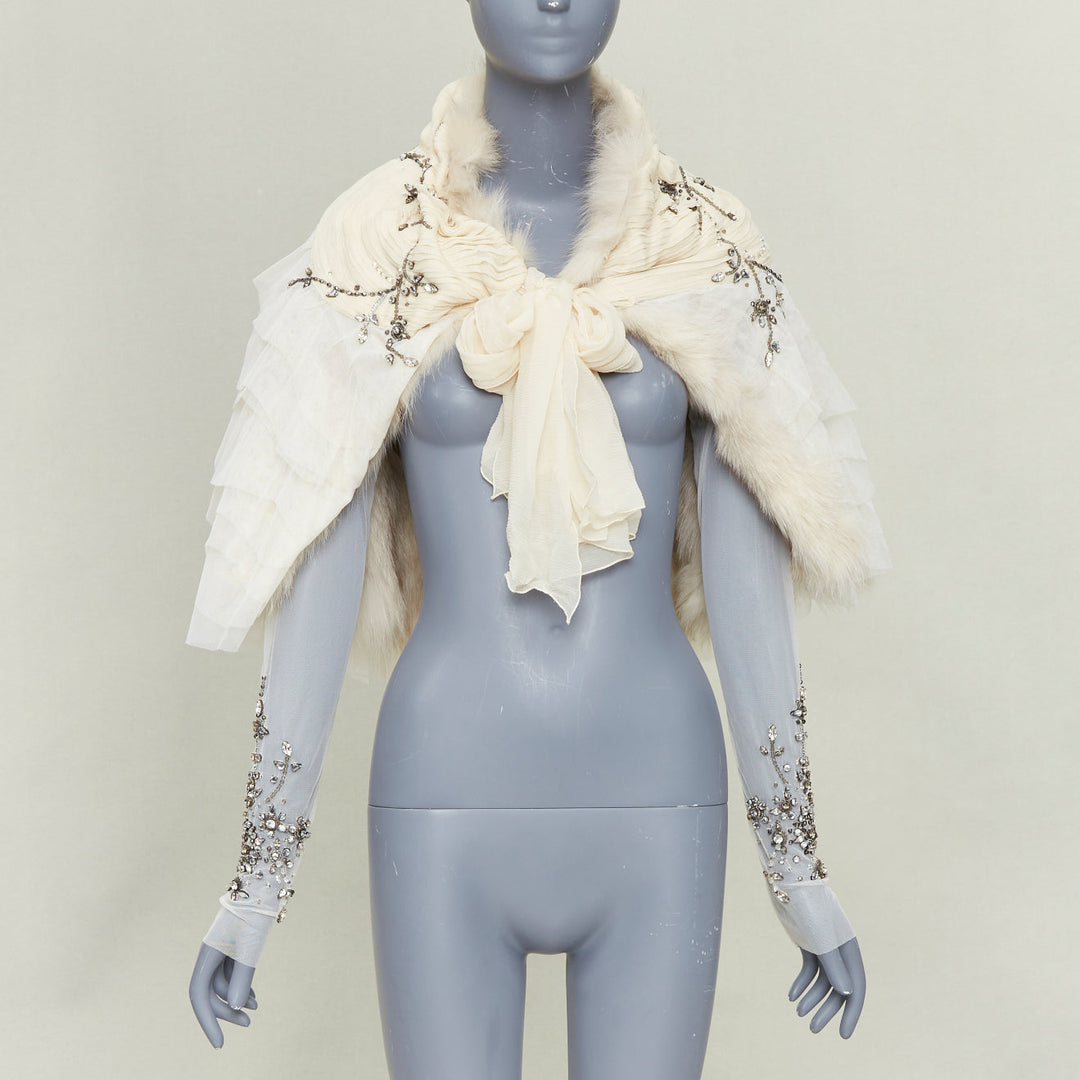 MAURIZIO PECORARO beige fur lined embellished chiffon mesh ruffle shawl IT40 S