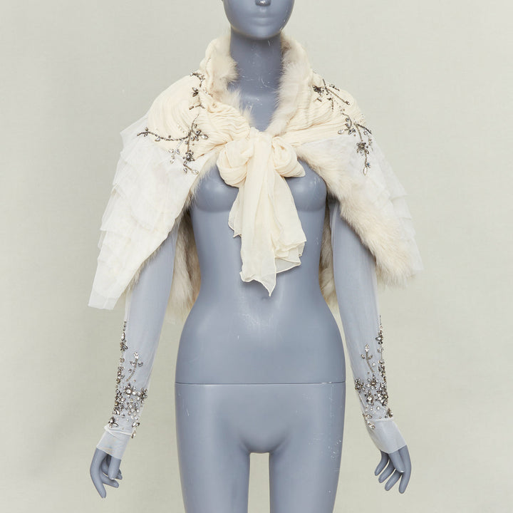 MAURIZIO PECORARO beige fur lined embellished chiffon mesh ruffle shawl IT40 S