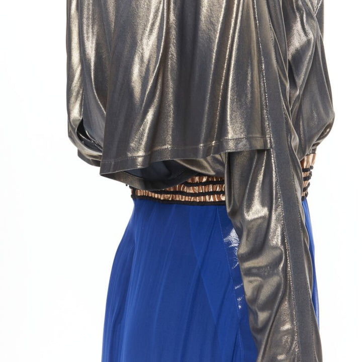 BALENCIAGA 2012 Runway blue copper futuristic bustier silk dress FR36 XS