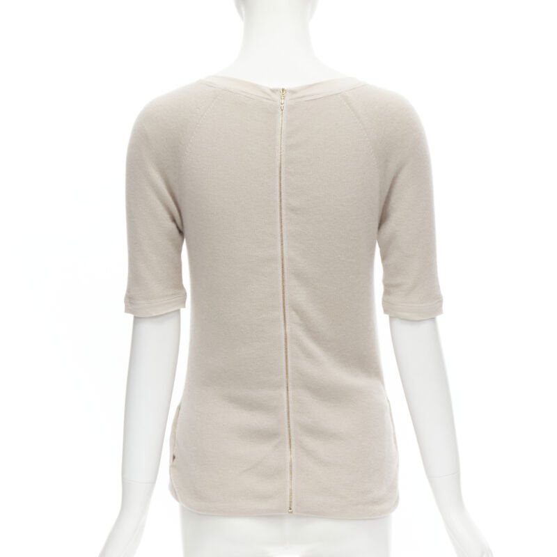 CHLOE Perle beige cashmere silk gold zip back short sleeve sweater S