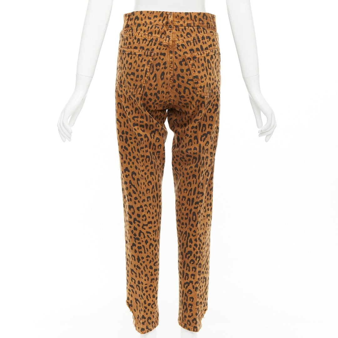 SAINT LAURENT 2018 brown leopard animal print distressed hem jeans 27"