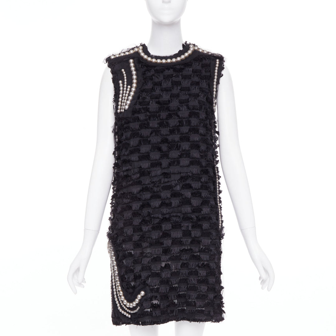LANVIN 2015 black pearl mesh embellished eyelash fringe silk lined dress FR36 S