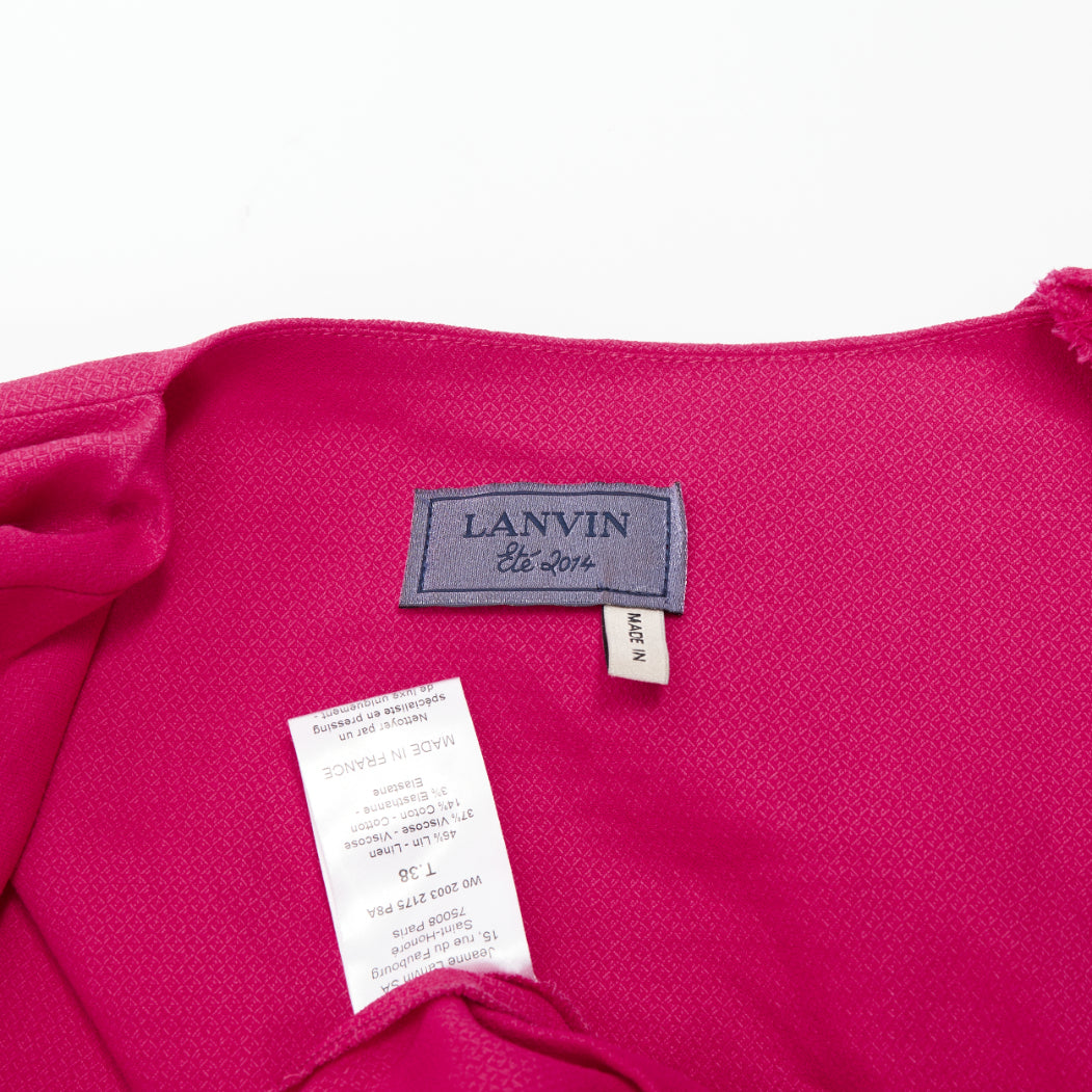 LANVIN 2014 hot pink linen draped asymmetric shoulder cocktail dress FR38 M