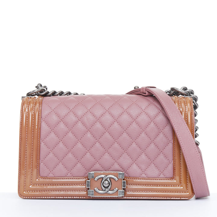 CHANEL Duo Boy Flap pink lambskin beige patent leather small shoulder bag