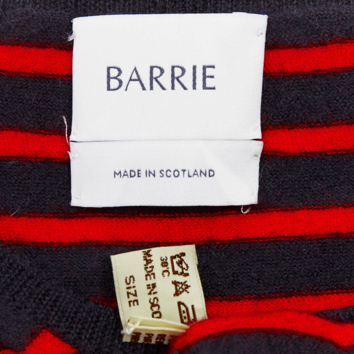 BARRIE 100% cashmere navy red fringe applique asymmetric striped sweater S