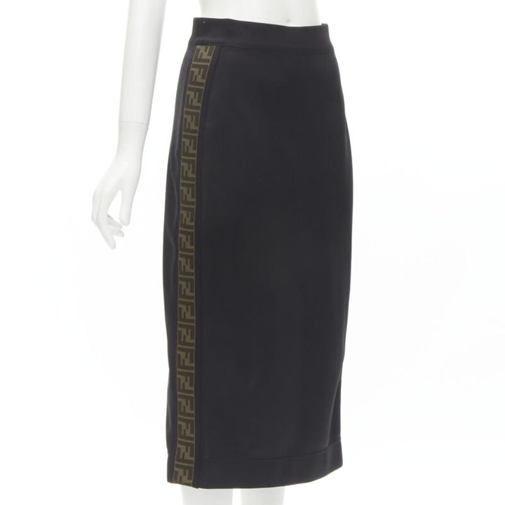 FENDI black brown FF Zucca monogram trim knee length skirt IT42 M