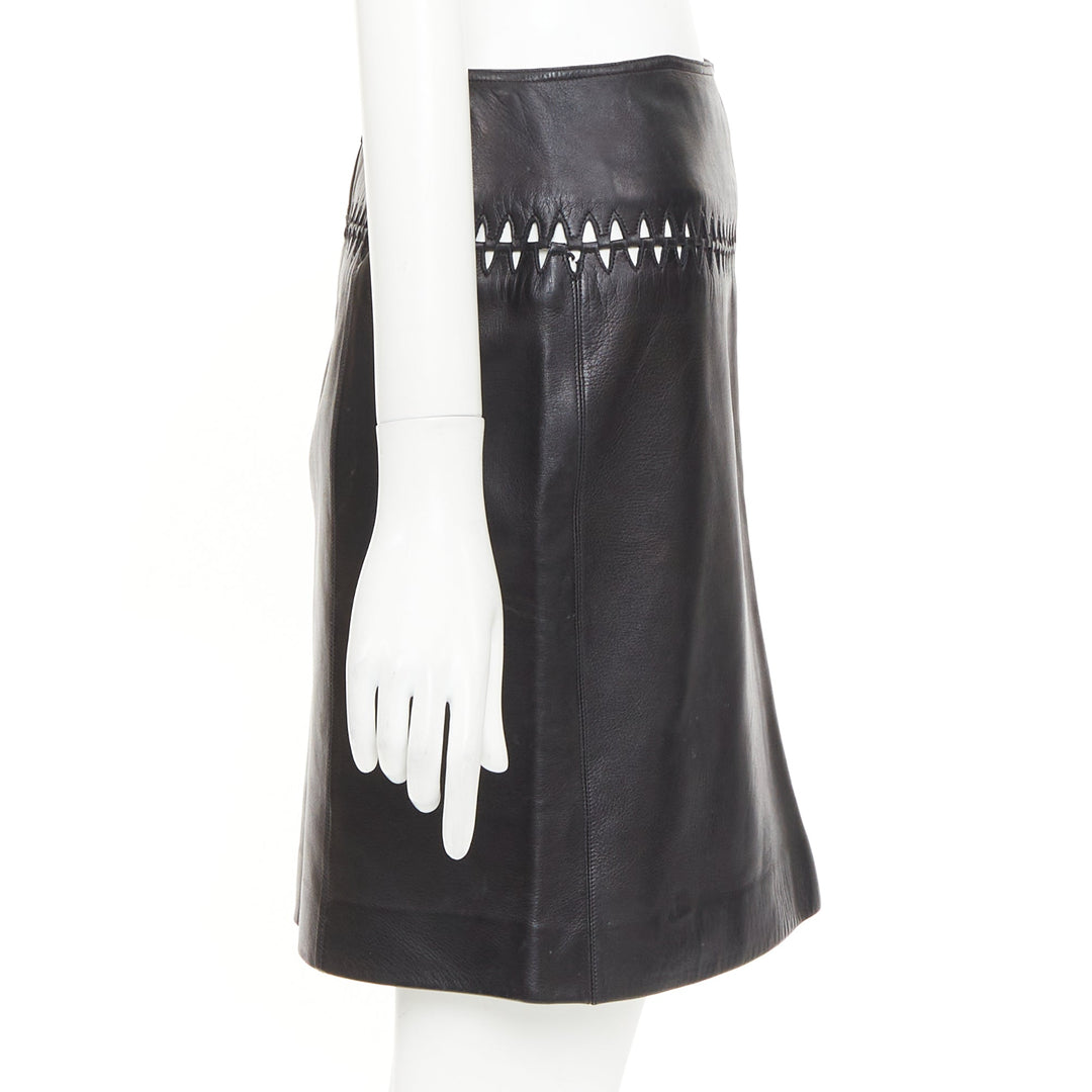 ALAIA black lambskin leather topstitched geometric cut out pencil skirt FR40 L