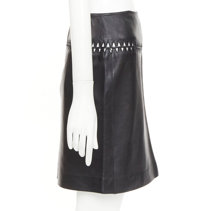 ALAIA black lambskin leather topstitched geometric cut out pencil skirt FR40 L