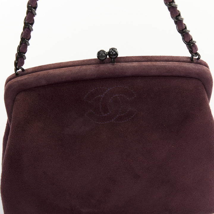 CHANEL 1998 Vintage kiss lock purple suede embroidered cc chain clutch bag