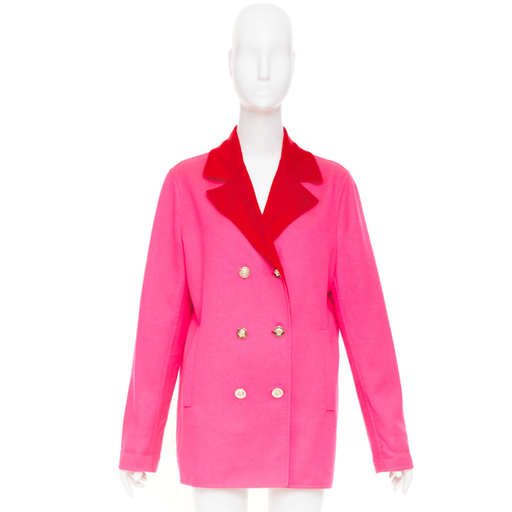 VERSACE pink red colorblock contrast lapel gold Medusa double breasted coat L