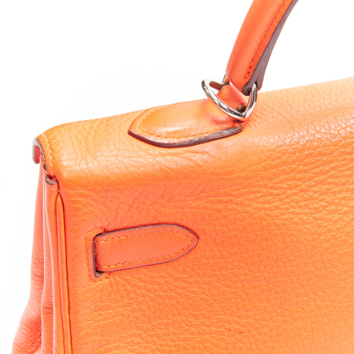 HERMES Kelly 32 PHW orange togo leather silver buckle top handle shoulder bag