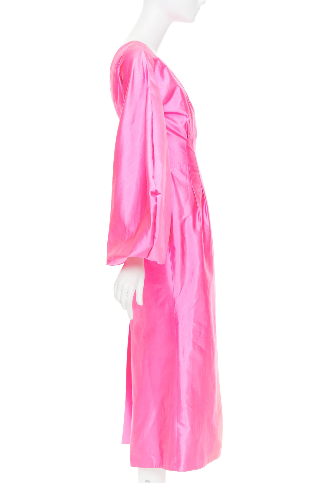 ROSARIO hot pink 100% silk shiny puff sleeves cinched waist midi dress FR36 S
