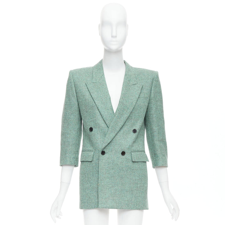 SAINT LAURENT 2022 Runway green tweed shoulder power blazer minidress FR34 XS