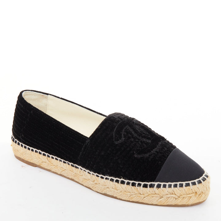CHANEL black velvet grosgrain CC logo cap toe slip on flat espadrilles EU39