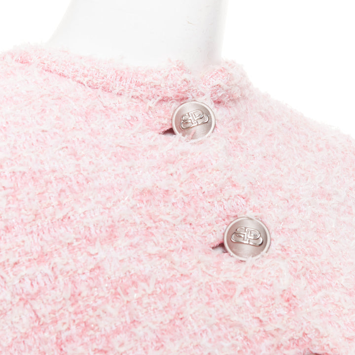BALENCIAGA Demna 2024 pink cotton blend tweed BB logo cropped jacket XS