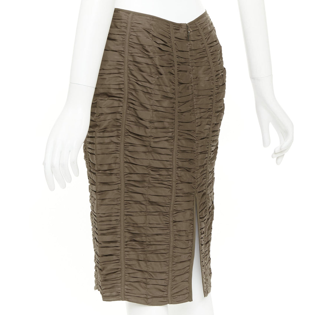 GUCCI 2001 Runway Tom Ford brown 100% silk ruched silk panel pencil skirt IT40 S
