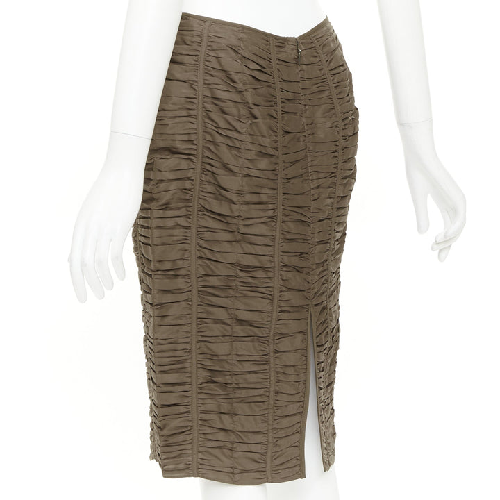 GUCCI 2001 Runway Tom Ford brown 100% silk ruched silk panel pencil skirt IT40 S