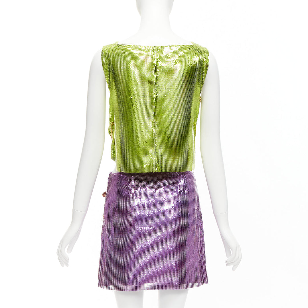 rare VERSACE 2022 Runway green purple metal chainmail safety pin top skirt IT38