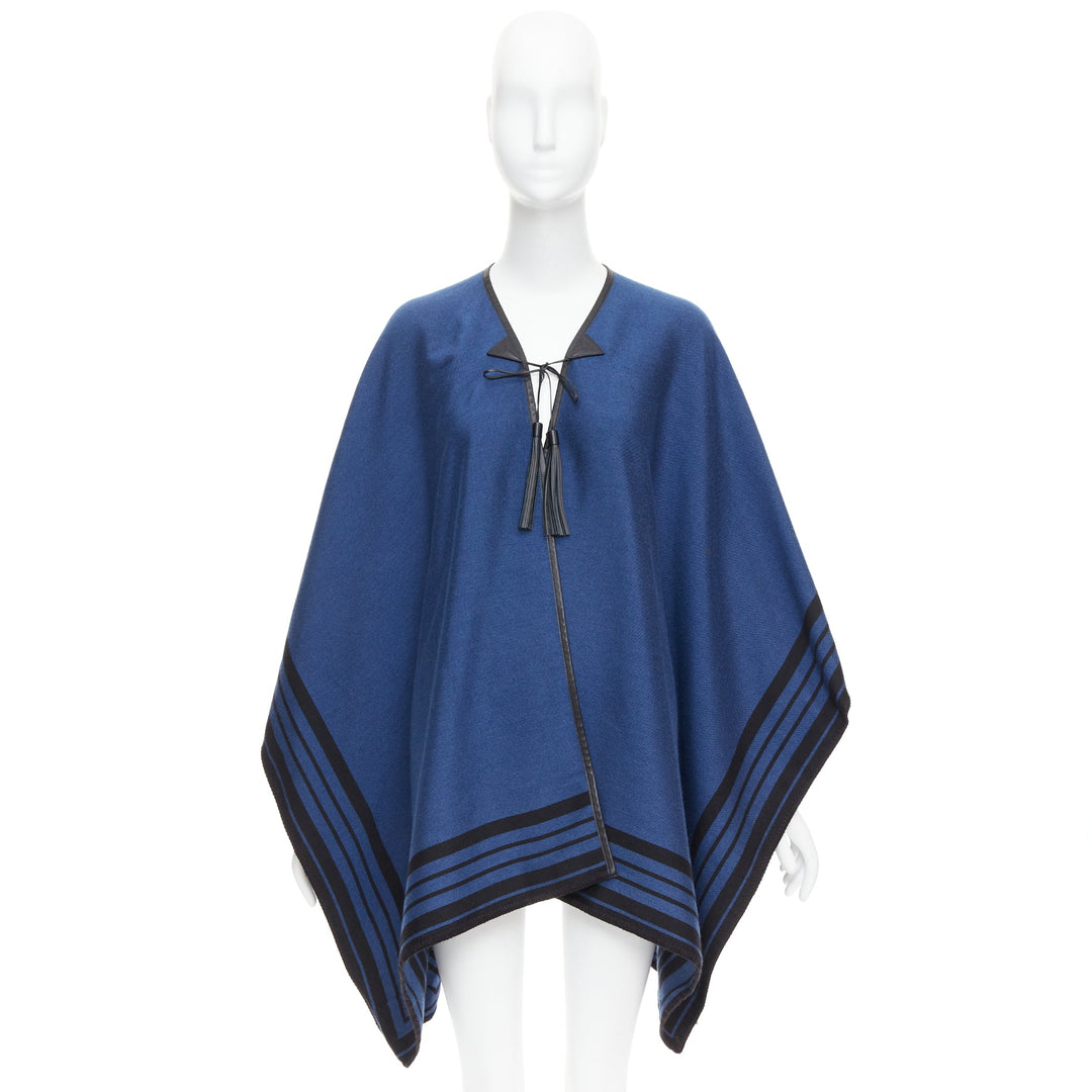 LOUIS VUITTON blue cashmere blend black leather tassel LV logo poncho