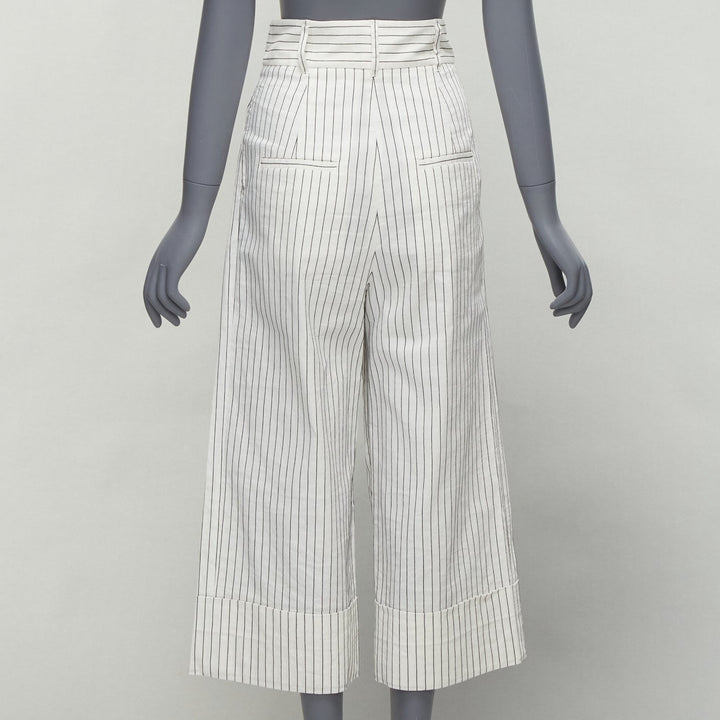 TIBI white black pinstriped linen pleated front wide leg cropped pants US0 XS