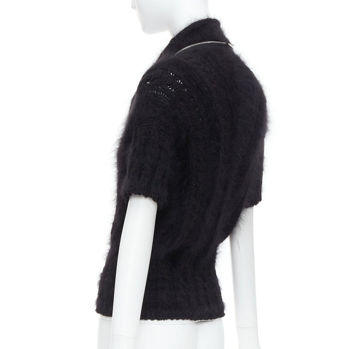 CHANEL 08A black fluffy angora blend CC zip layered sweater FR36 S