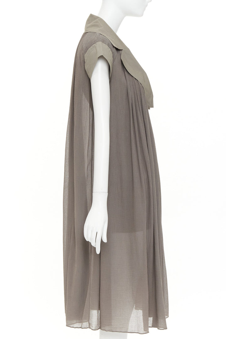 BOTTEGA VENETA grey cotton chiffon pleated plunge spread collar dress IT40 S