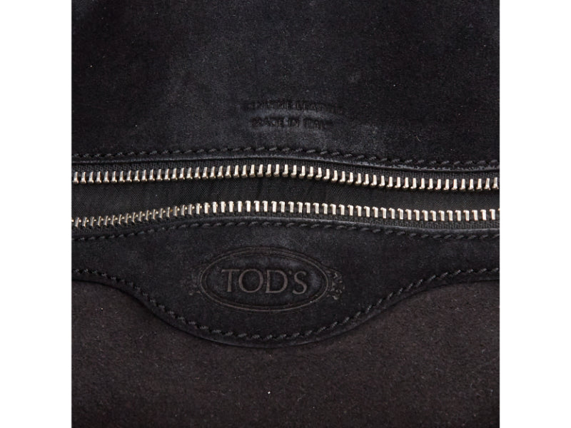 TOD'S Double Double T black calfskin silver grommet weave fringe shoulder bag