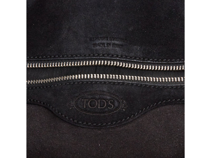 TOD'S Double Double T black calfskin silver grommet weave fringe shoulder bag