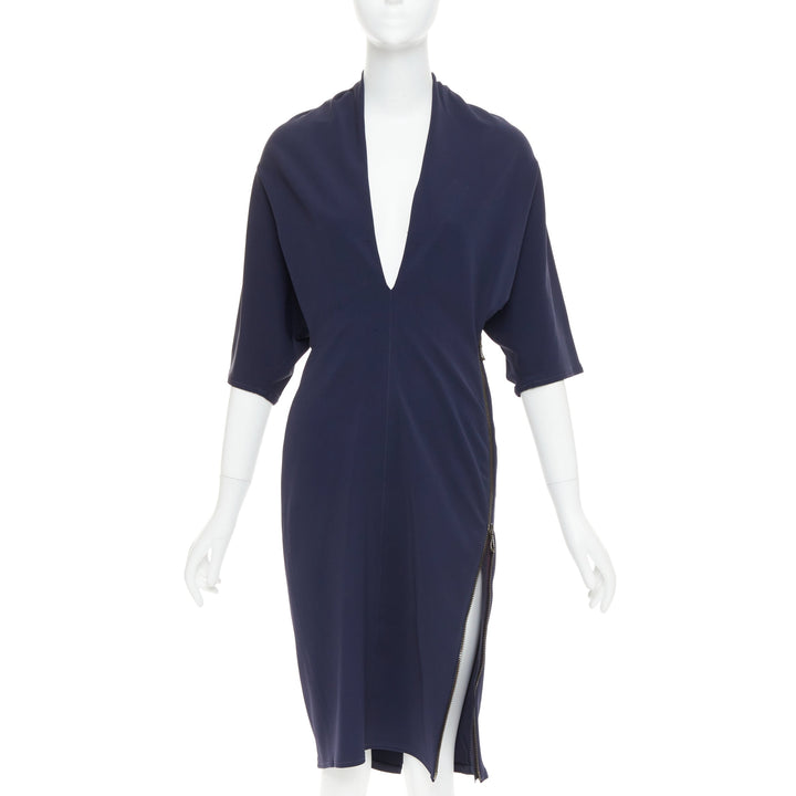 LANVIN 2011 Alber Elbaz navy drape V neck side zip side dolman dress FR40 L