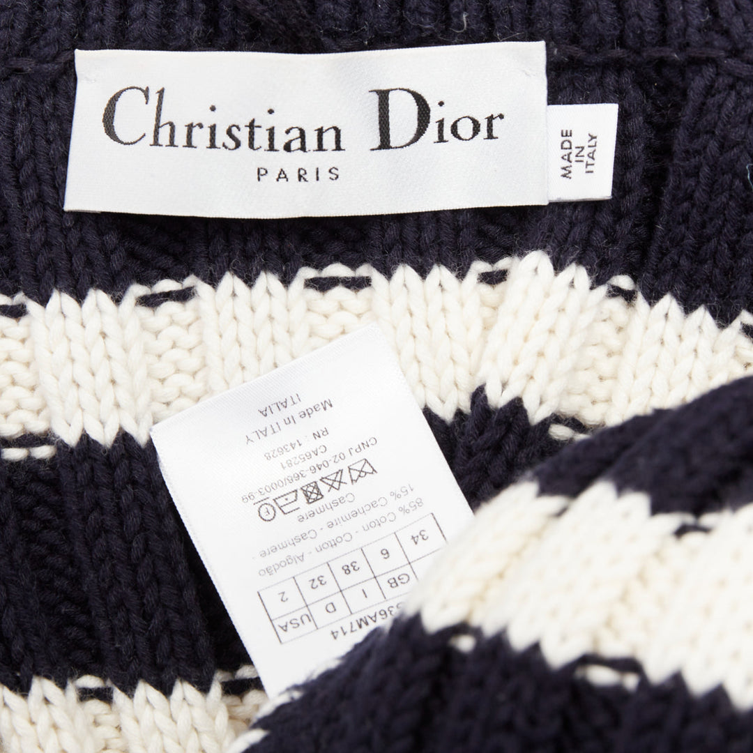 DIOR navy white cotton cashmere logo intarsia back neck striped cardigan FR34 XS
