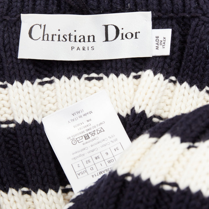 DIOR navy white cotton cashmere logo intarsia back neck striped cardigan FR34 XS