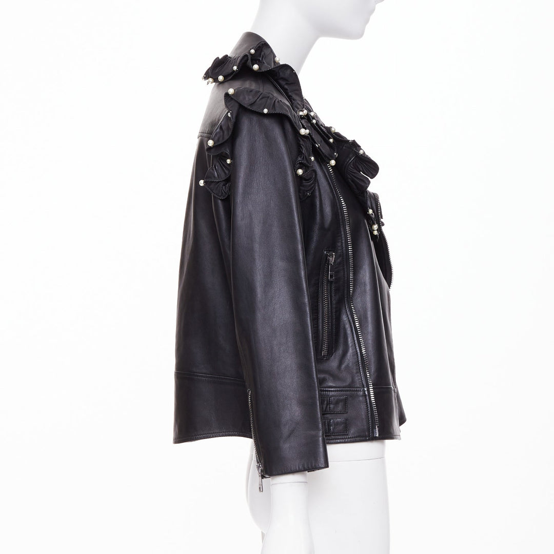 GUCCI 2016 black lambskin leather faux pearl ruffle collar biker jacket IT40 S