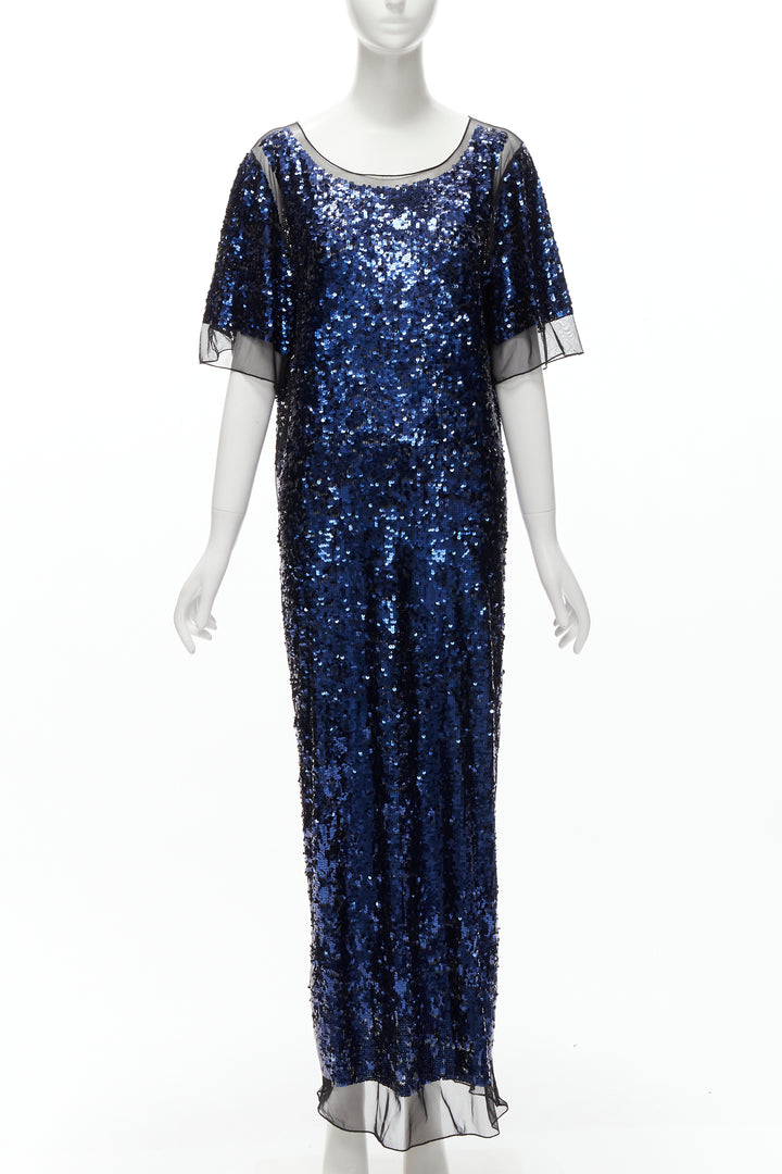 BY MALENE BIRGER blue sequins overlay black sheer evening gown dress M