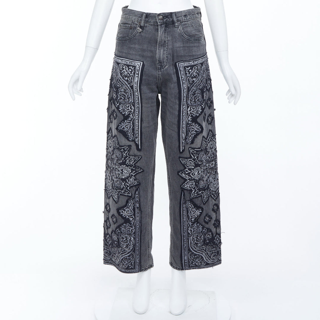 R13 2024 Venti black paisley raw hem drop crotch loose boyfriend jeans 23"