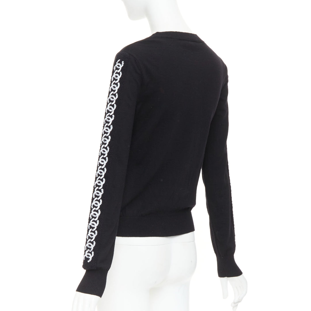 CHANEL 21A black wool sequin CC logo stripe sleeve crewneck pullover FR34 XS