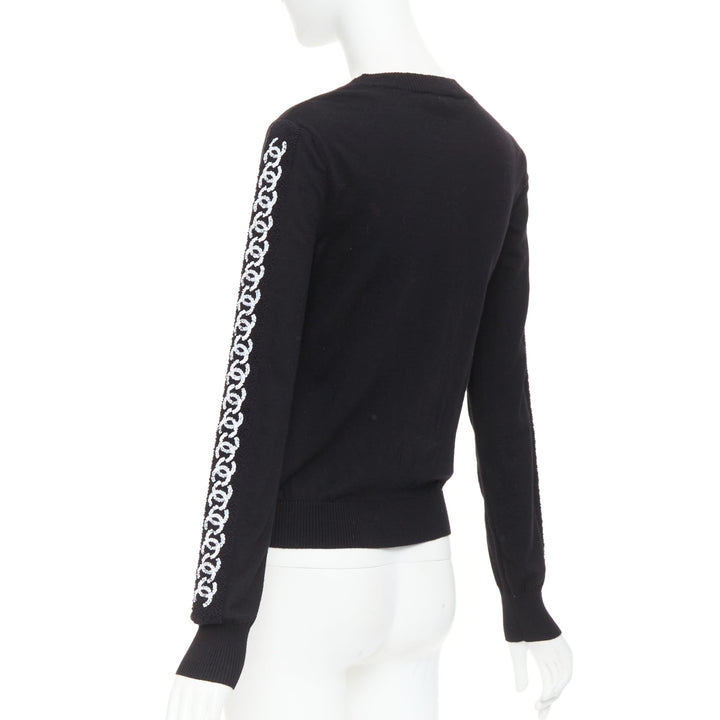 CHANEL 21A black wool sequin CC logo stripe sleeve crewneck pullover FR34 XS